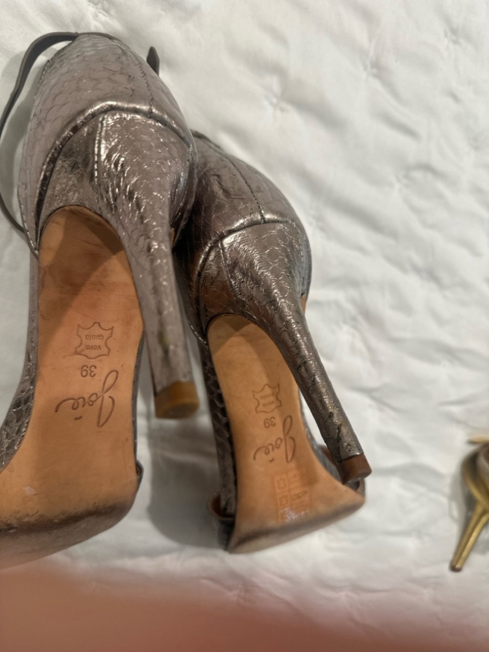 Joie Metallic Pewter Snakeskin-Texture Ankle Strap Heels - Picture 3 of 4